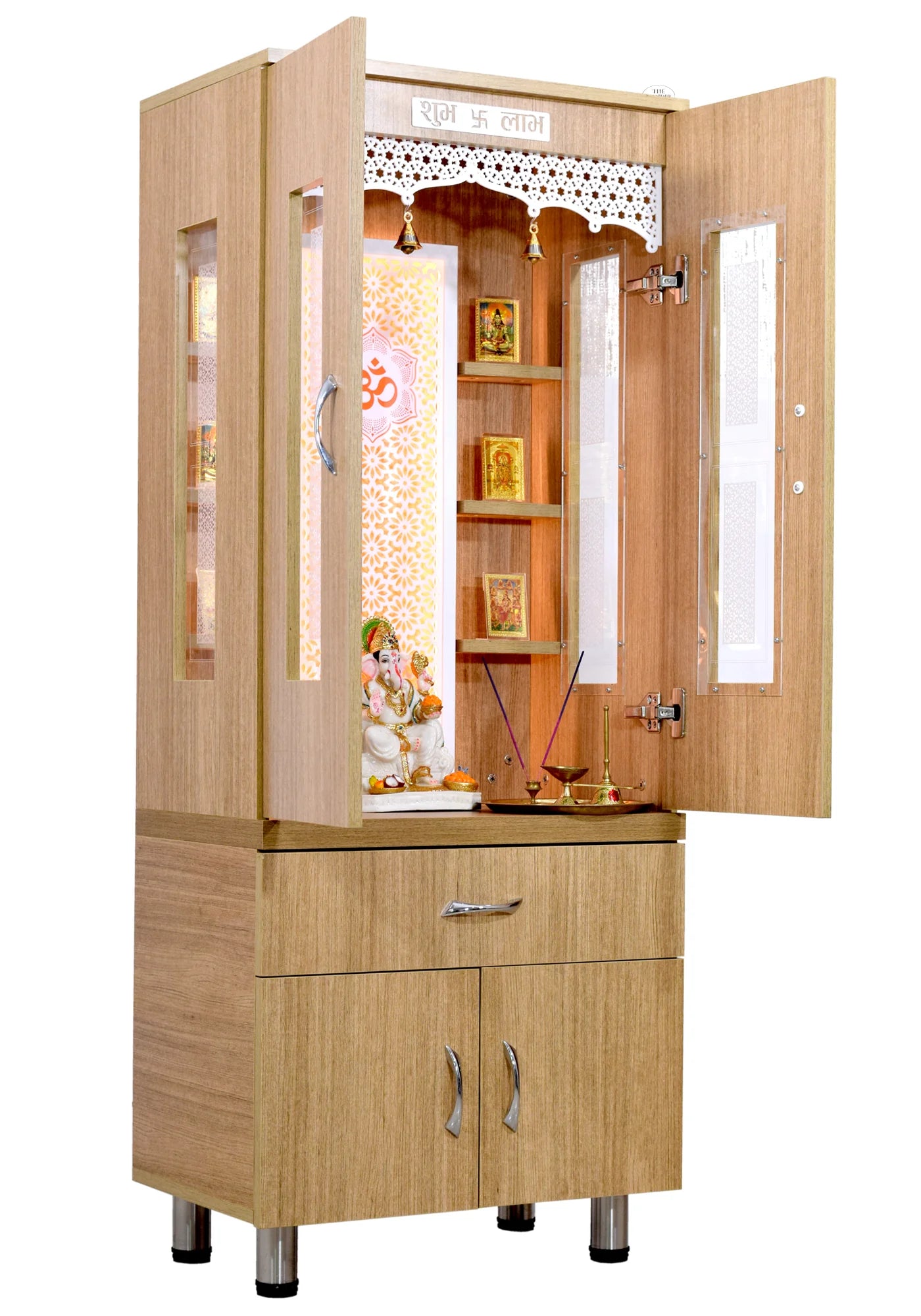 5' x 2' Natural Teak Finish Mandir with Doors and LED Lights