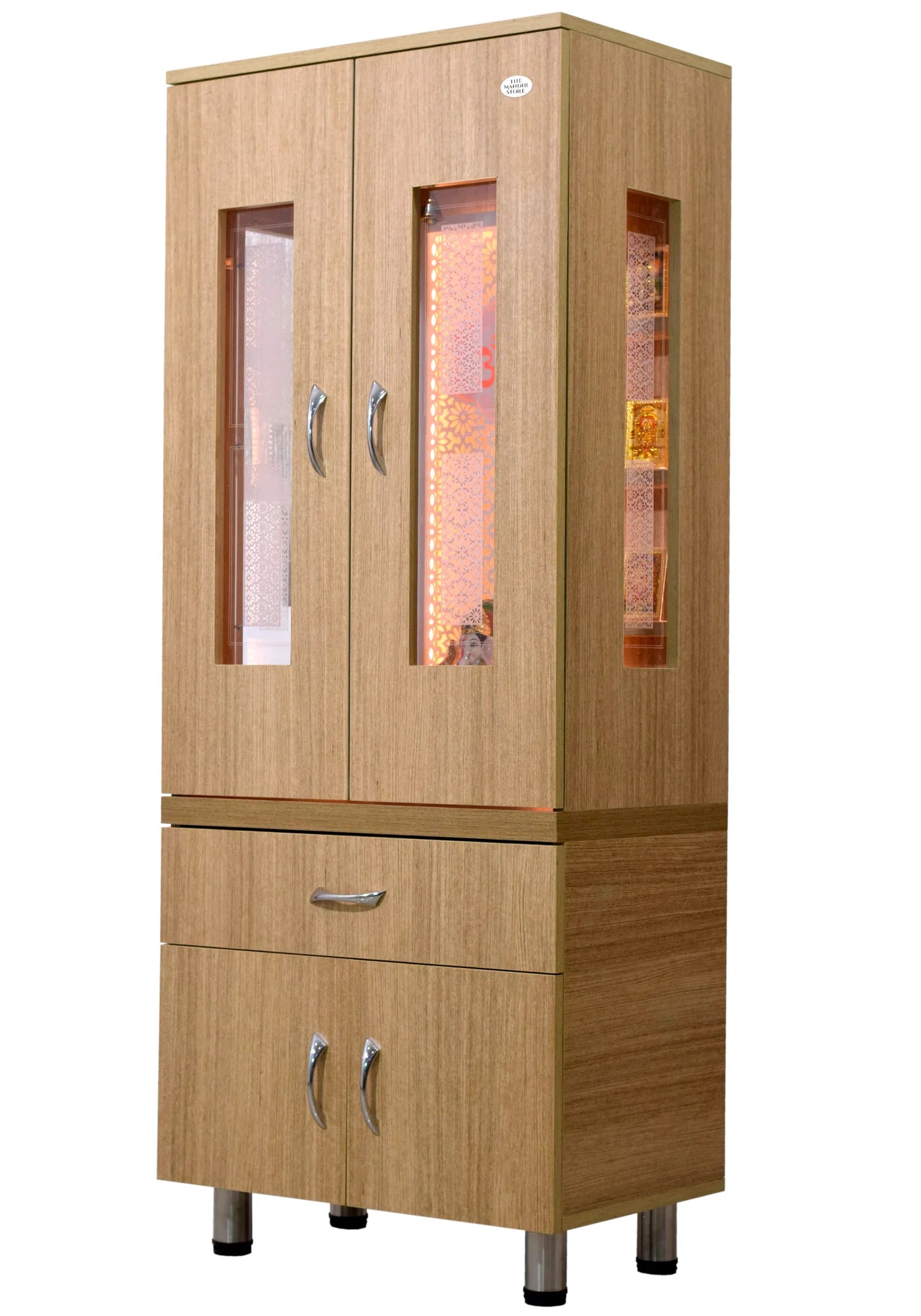 5' x 2' Natural Teak Finish Mandir with Doors and LED Lights