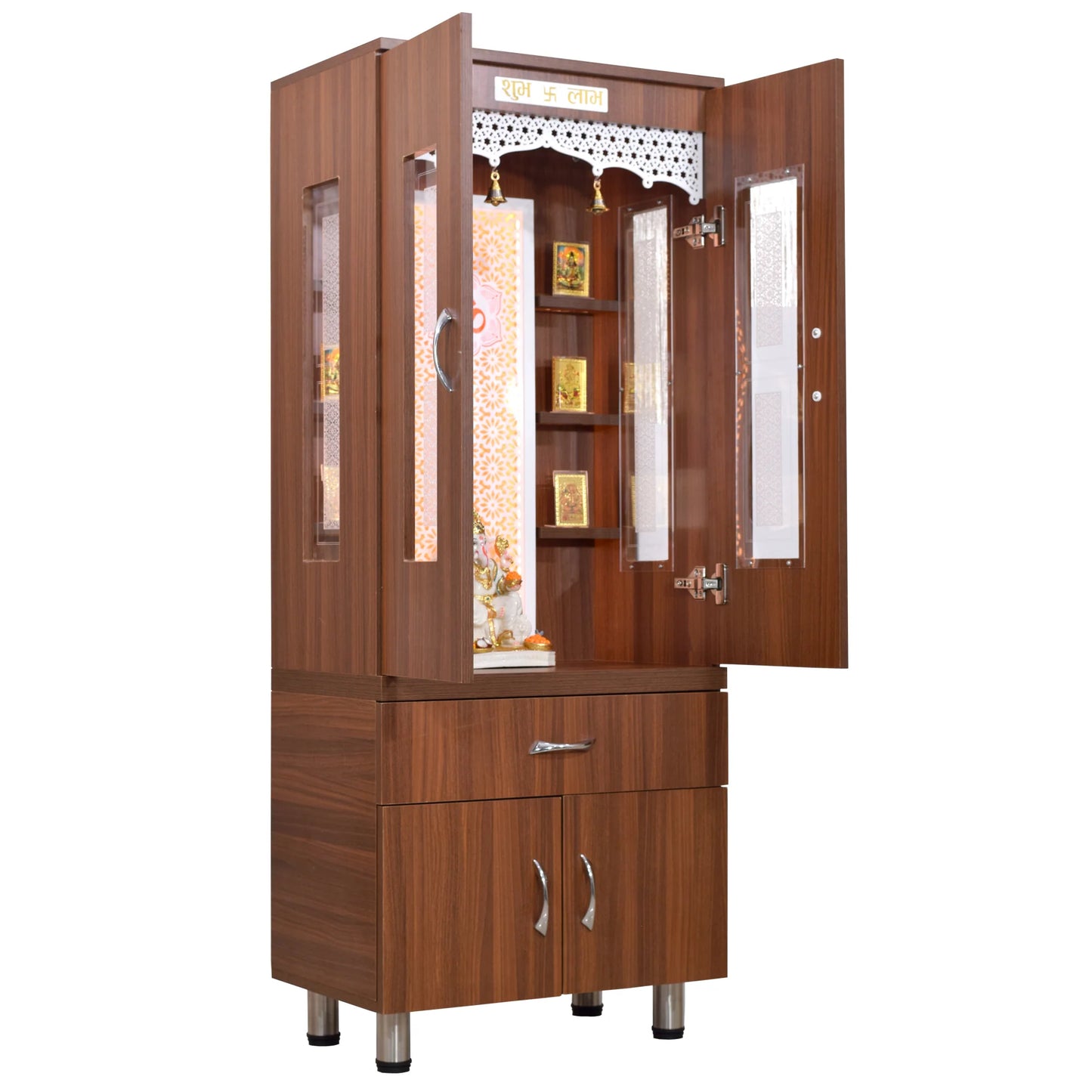 Wooden Mandir 5Ft Height with Floating Shelves Doors
