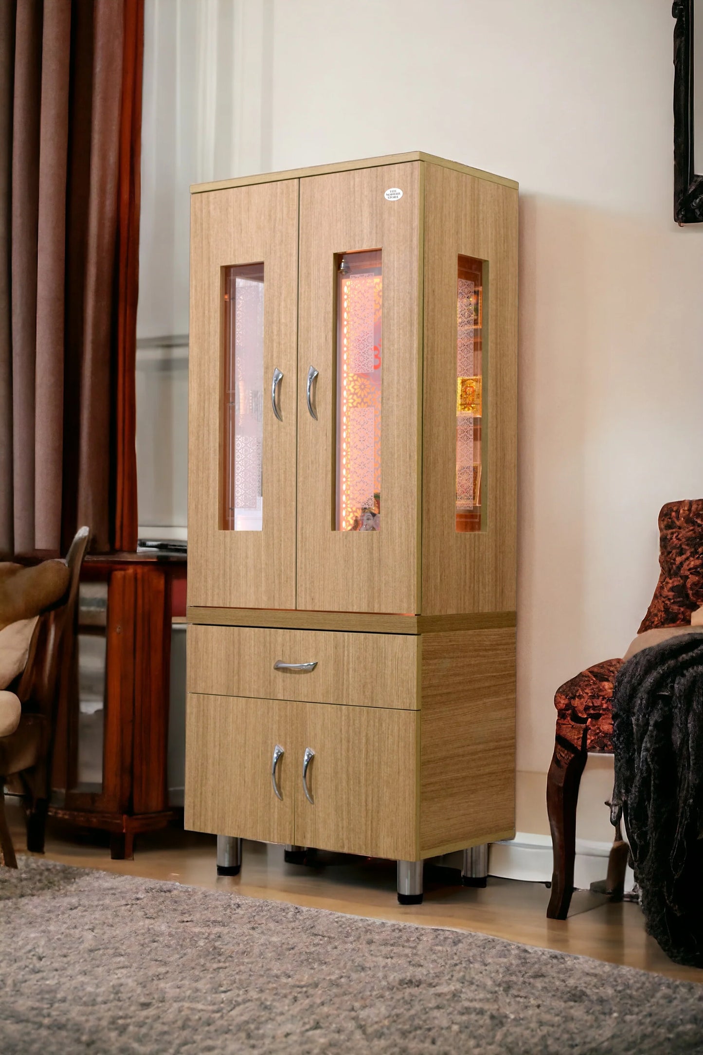5' x 2' Natural Teak Finish Mandir with Doors and LED Lights