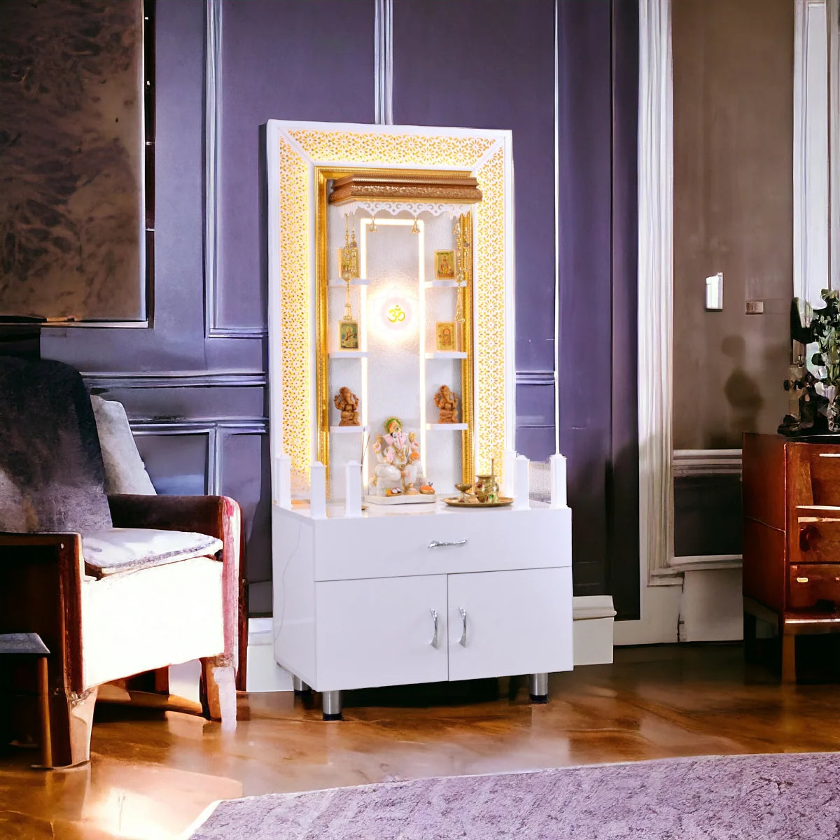 5.5' x 2.5' White Gloss Wooden Mandir with Floating Shelves