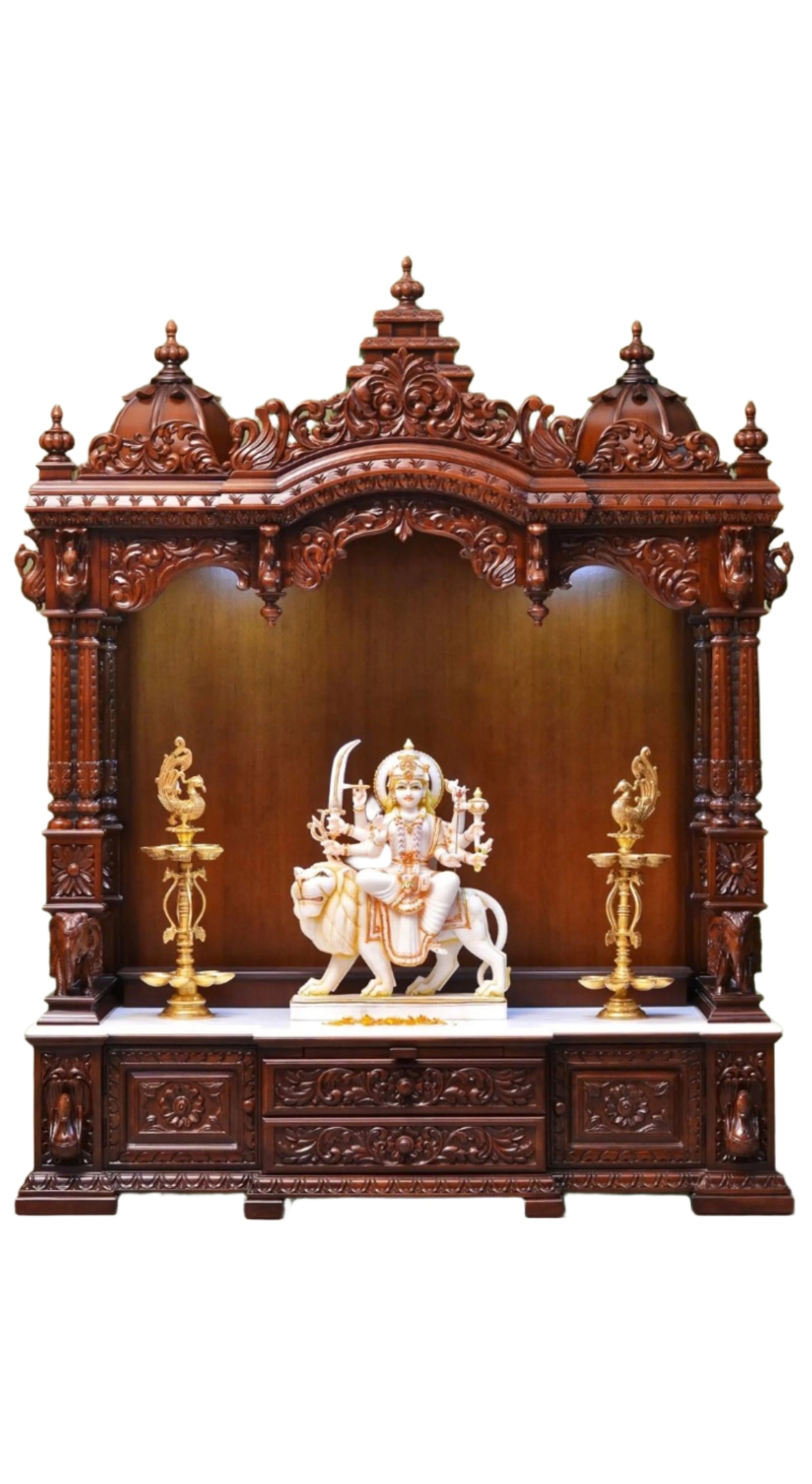 70" Large Designer Wooden Temple with Double Drawer Wooden Pooja Mandir