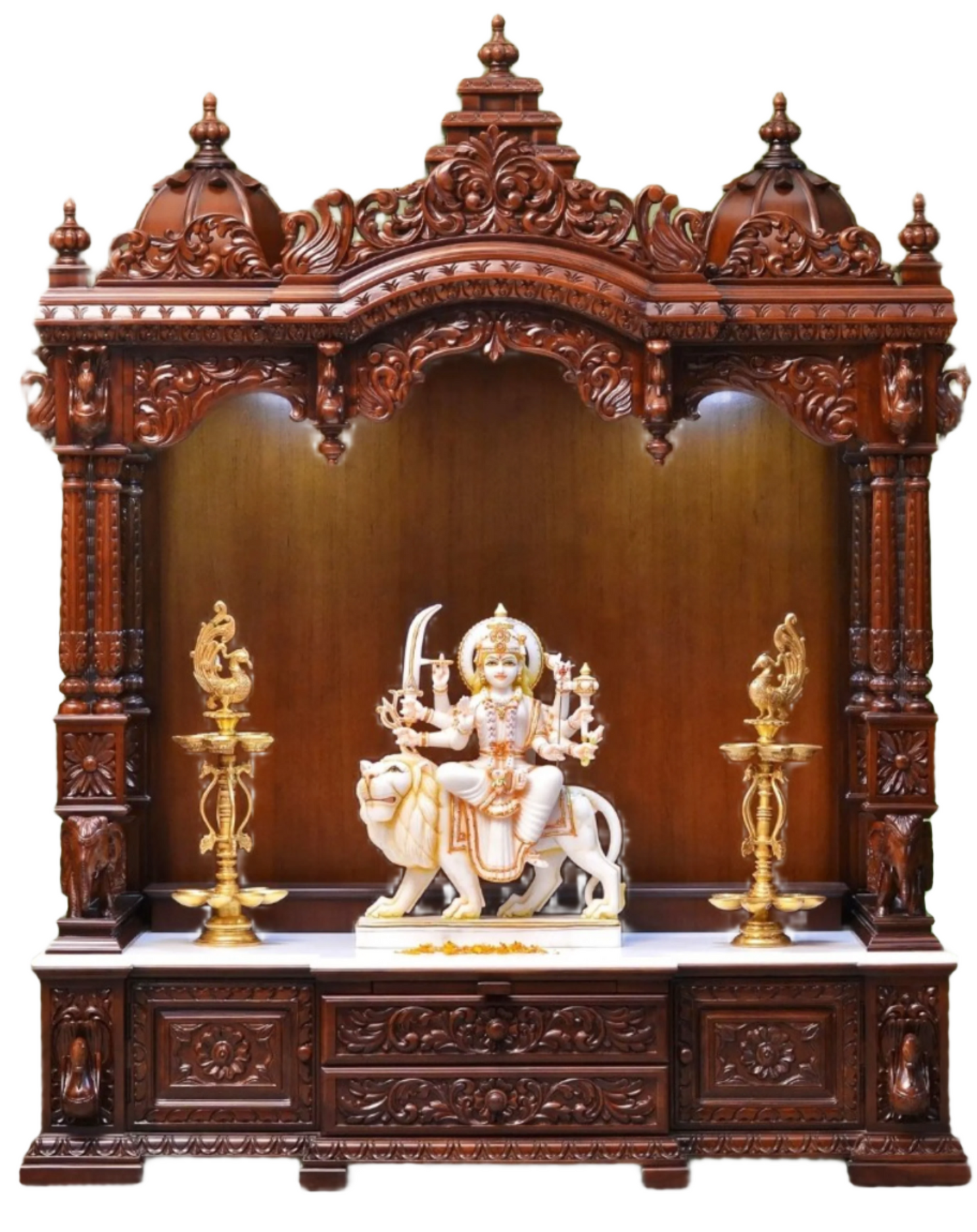 70" Large Designer Wooden Temple with Double Drawer Wooden Pooja Mandir