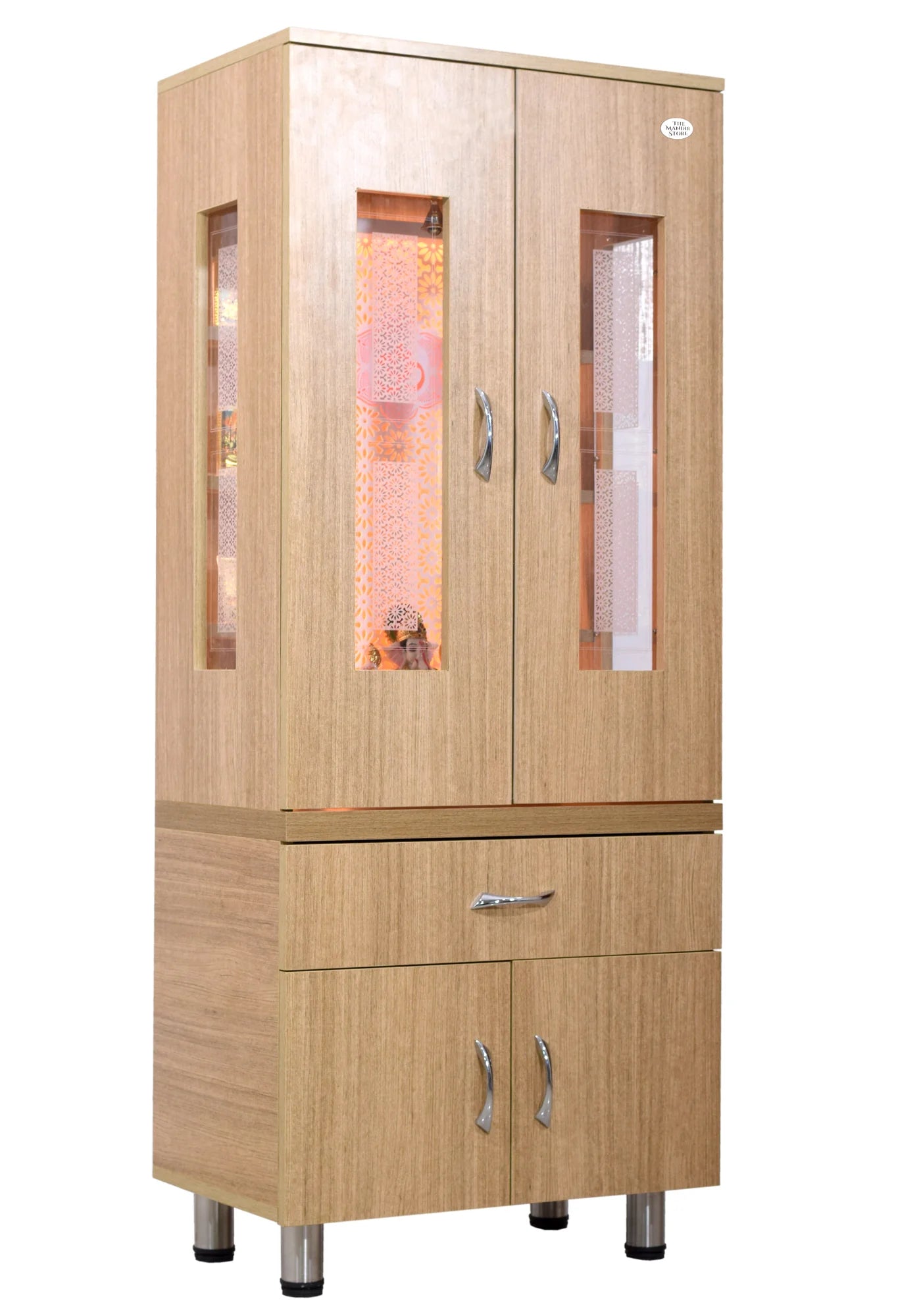 5' x 2' Natural Teak Finish Mandir with Doors and LED Lights