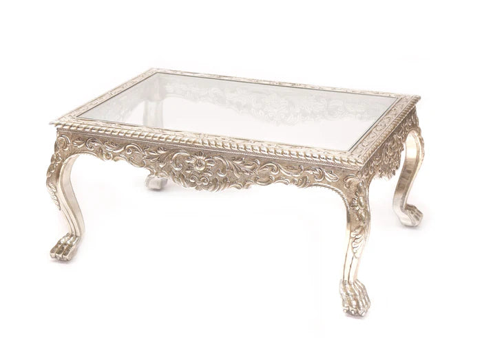 White Metal Fitted Glass Top Coffee Table Silver Finishing