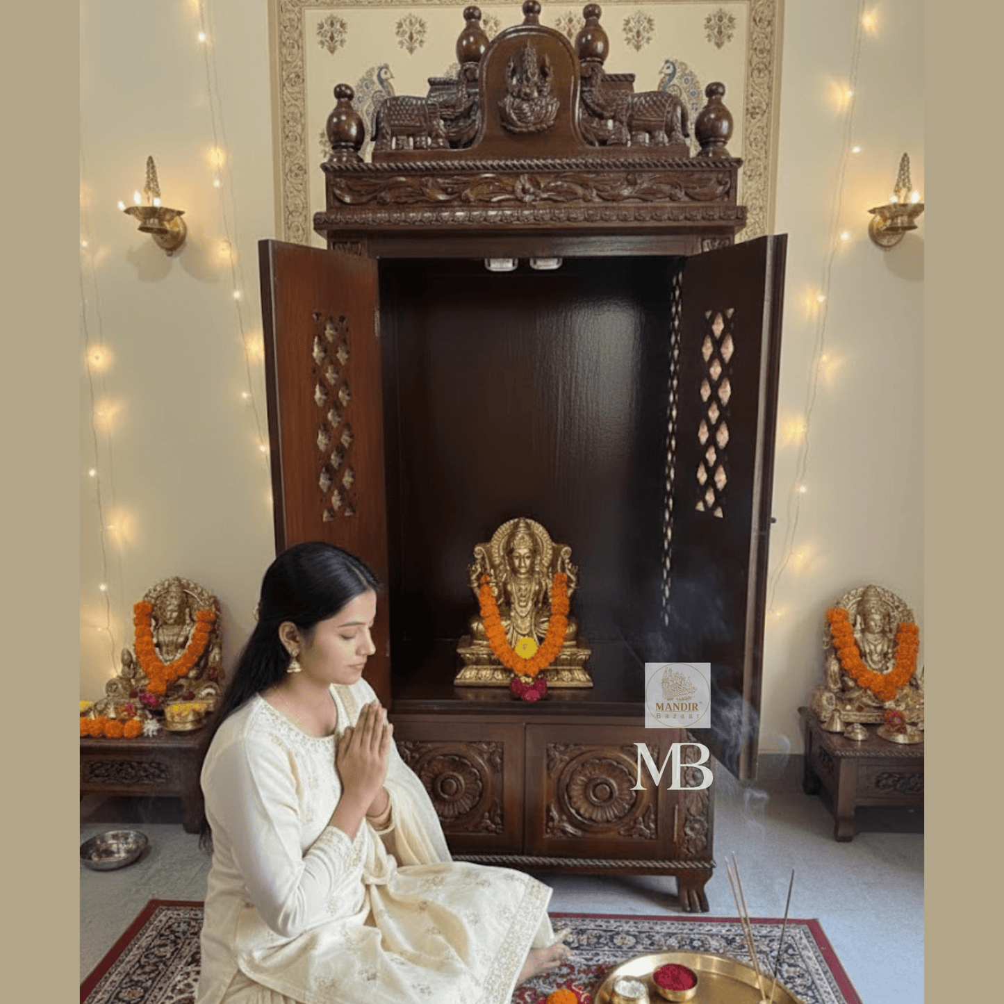 Handcrafted wooden home temple with detailed traditional carvings