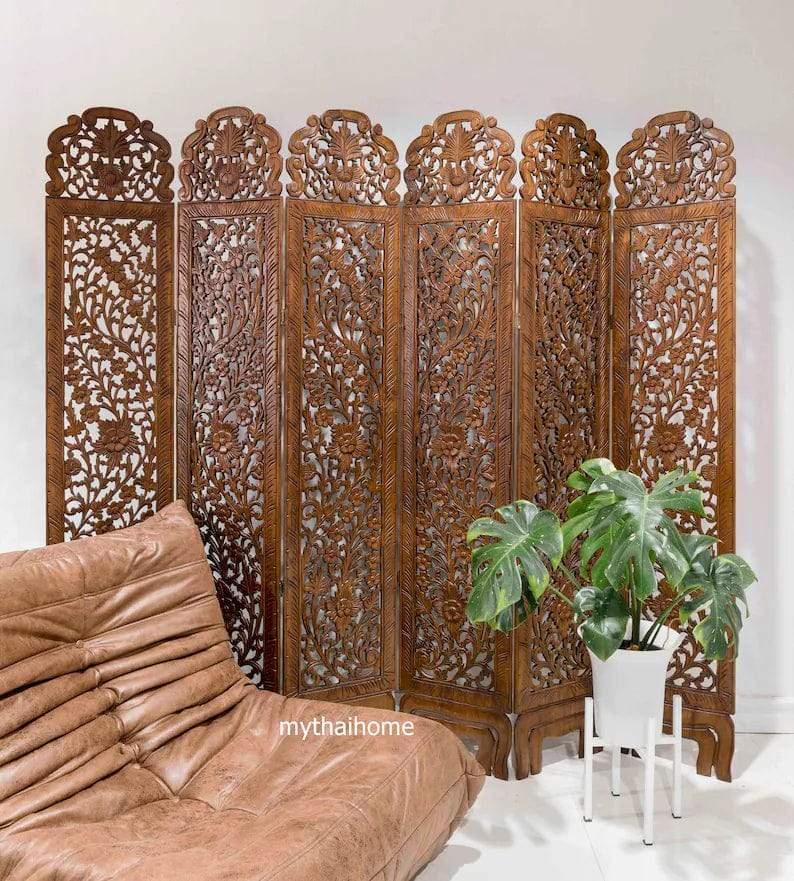 5 Panel Room Divider Flower Folding Screen Panels Partition Carved Wood and MDF Asian Screen Large Wood Wall-Art Thai Wood Carving Wooden Boho King Headboard