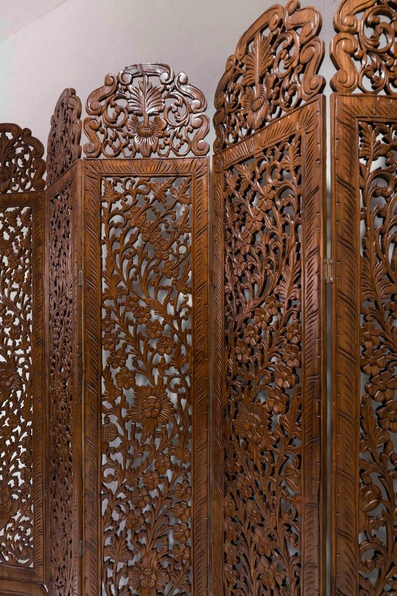 5 Panel Room Divider Flower Folding Screen Panels Partition Carved Wood and MDF Asian Screen Large Wood Wall-Art Thai Wood Carving Wooden Boho King Headboard
