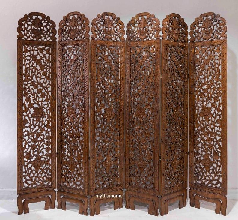 5 Panel Room Divider Flower Folding Screen Panels Partition Carved Wood and MDF Asian Screen Large Wood Wall-Art Thai Wood Carving Wooden Boho King Headboard
