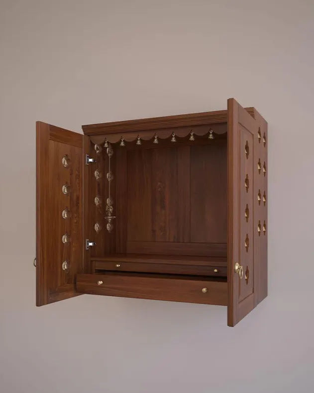 Handmade solid wood puja mandir with pullout tray and drawe