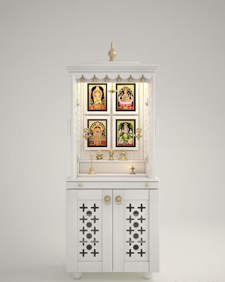 Beautiful free standing puja mandapam with doors & brass accents