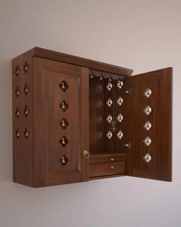 Handmade solid wood puja mandir with pullout tray and drawe