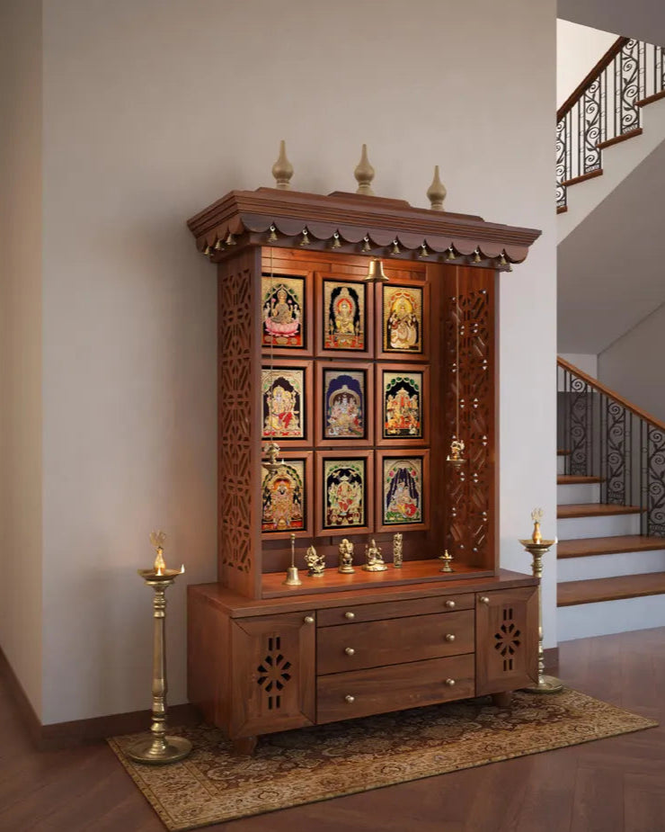 Handcrafted wooden standing pooja temple