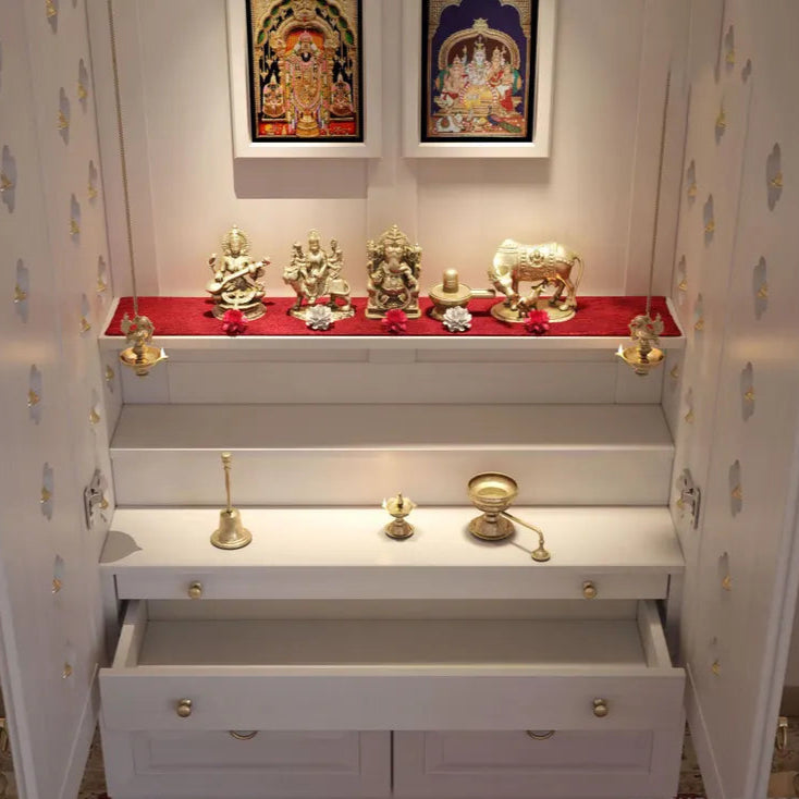 Wooden Cabinet Mandir Temple - White Stained PU Finished in Tulip Wood