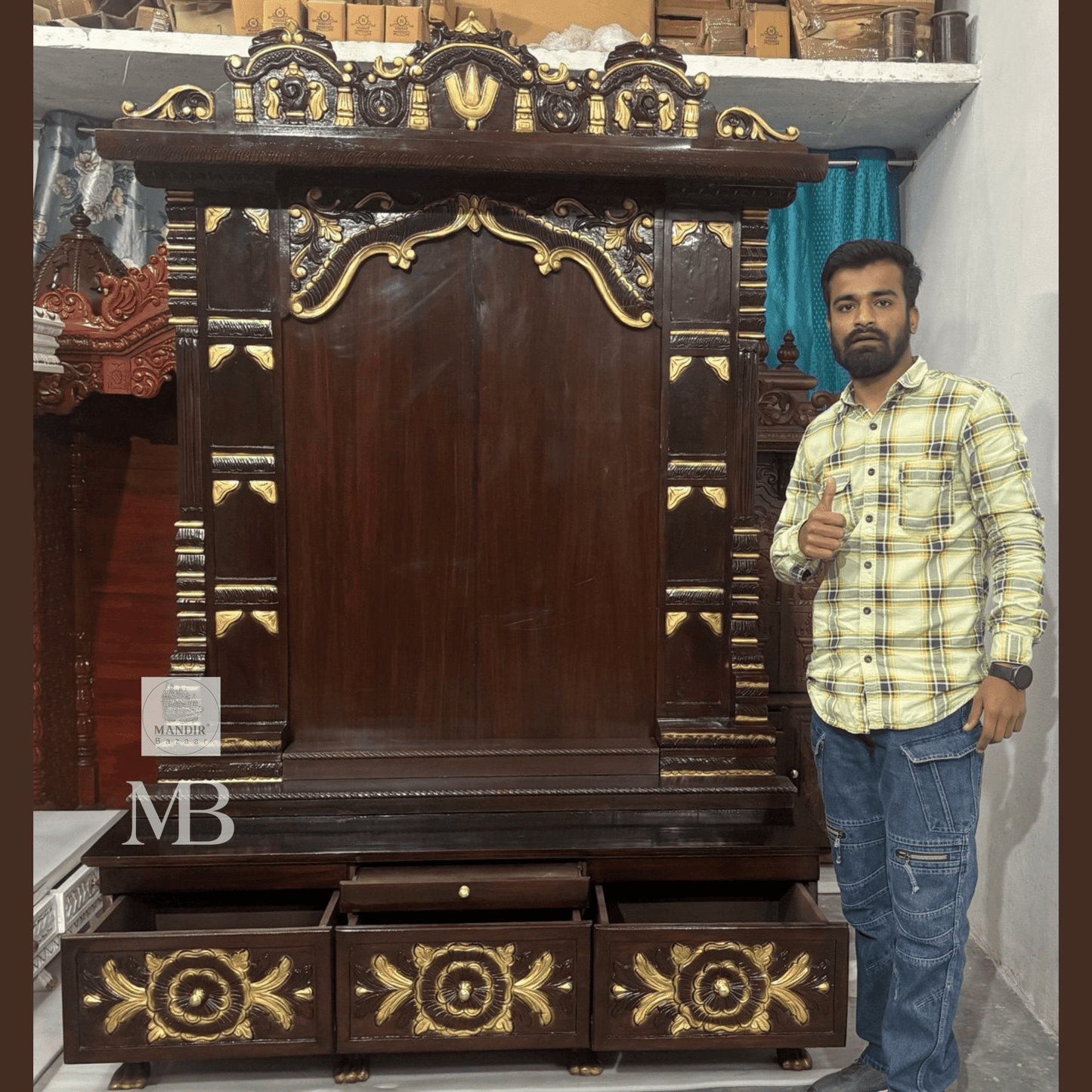 Hand carved teak wood mandir for home with traditional gold detailing and storage drawers