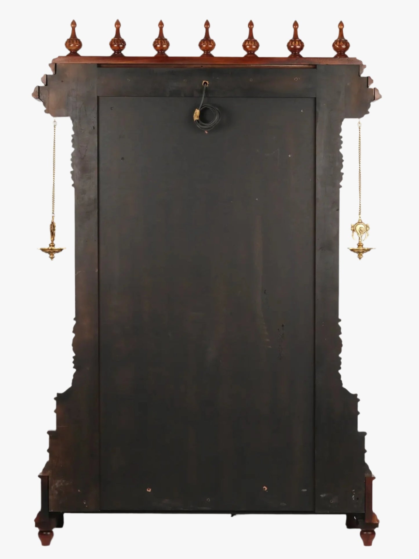 luxury teakwood wooden mandir with brass lamps and marble detailing