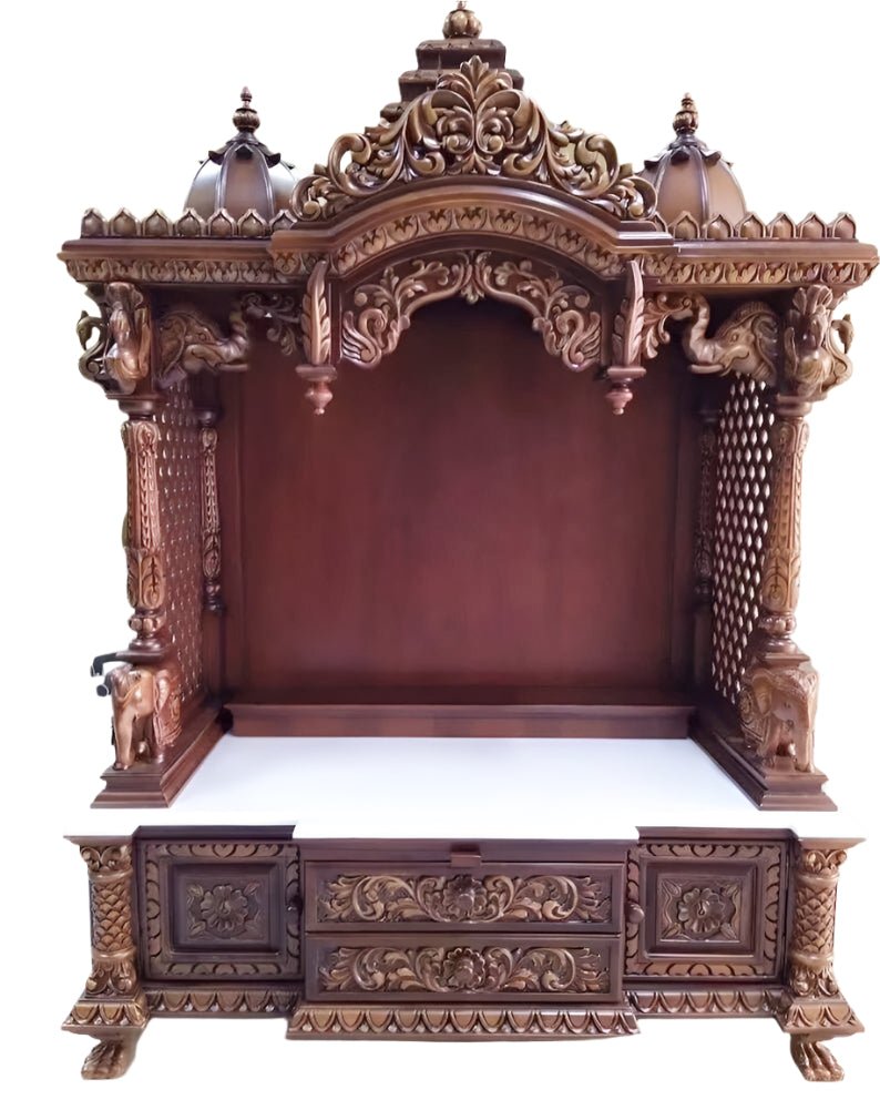 Large handcrafted wooden temple for home with traditional pooja mandir design