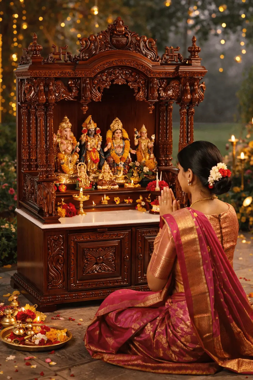 Traditional wooden mandir with detailed hand carved elephant pillars and floral decorations