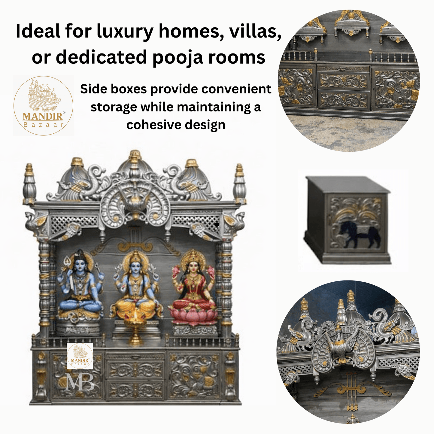 Luxury silver and gold hand carved wooden pooja mandir with ornate crown, decorative pillars, storage drawers and matching side cabinets