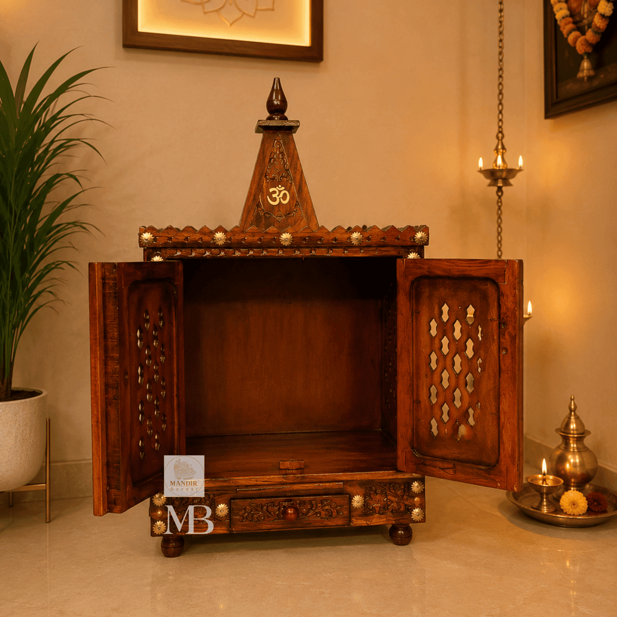 Handcrafted Hindu Temple with Doors, Drawer & Om Design