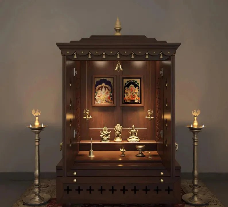 Wooden home temple with pull out storage tray and bottom cabinet