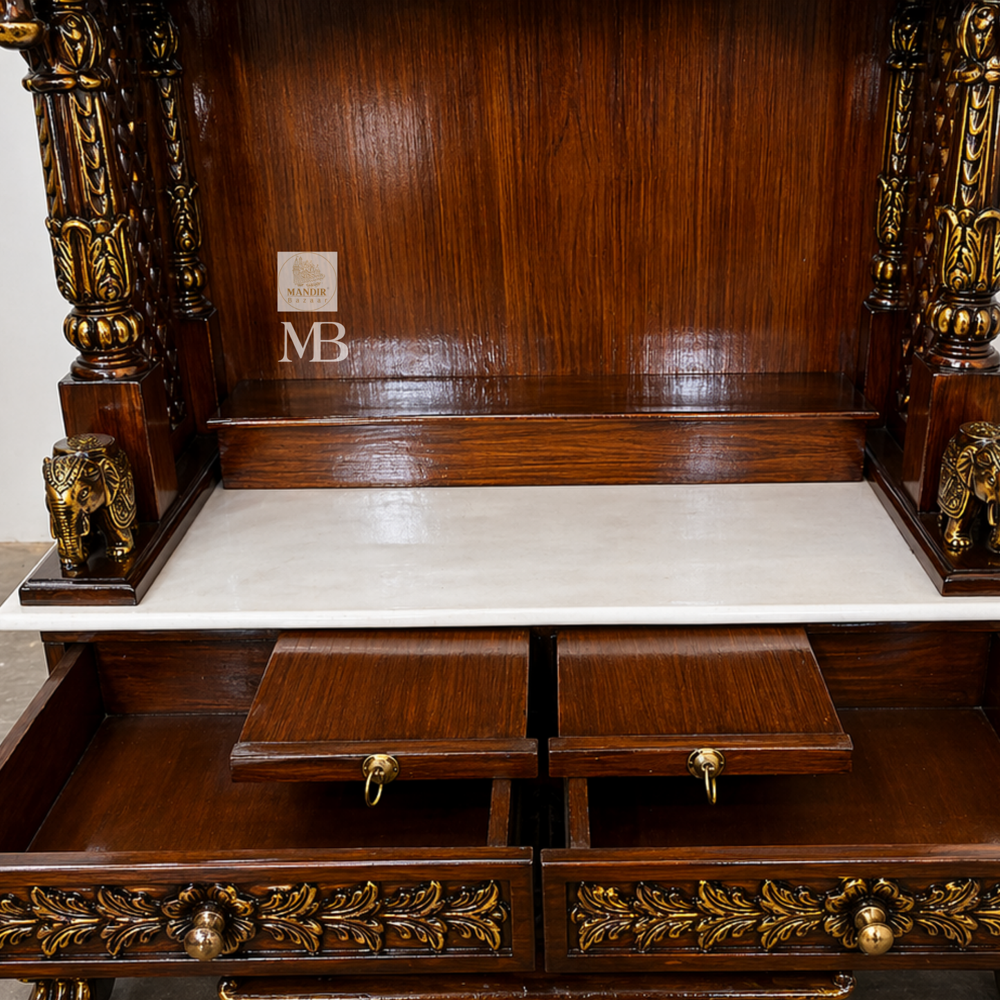 teak wood pooja mandir with hand carved details and storage drawers