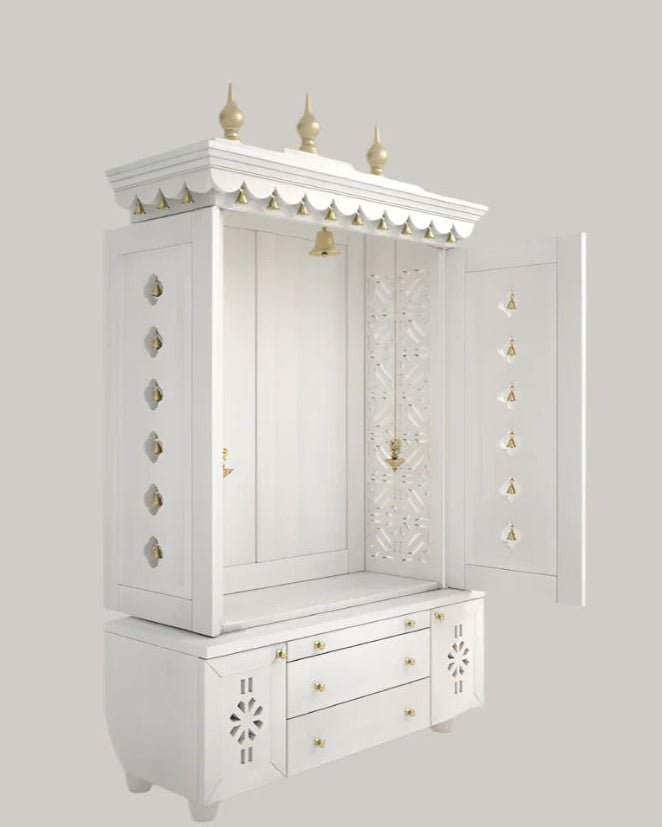 Large traditional wooden pooja mandir with storage and prayer platform