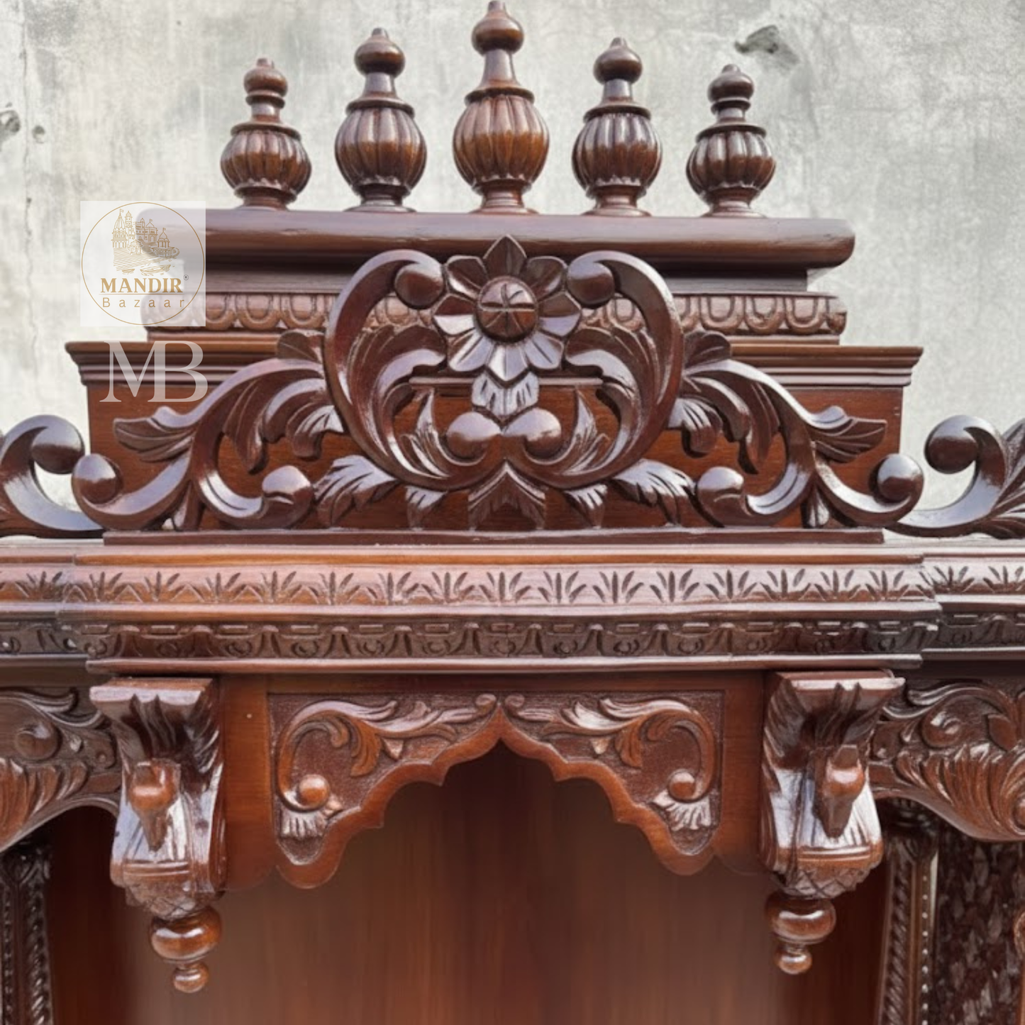 Traditional wooden temple with storage drawers for pooja accessories