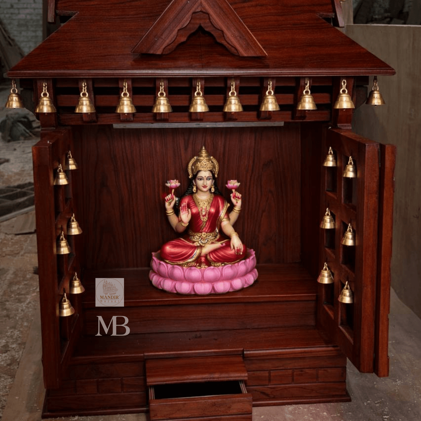 Sheesham wood bell mandir with extended sliding bhog tray and brass hanging ghanti details