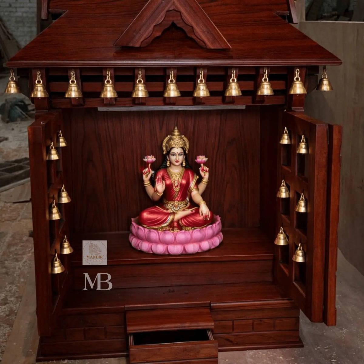 Sheesham wood bell mandir with extended sliding bhog tray and brass hanging ghanti details