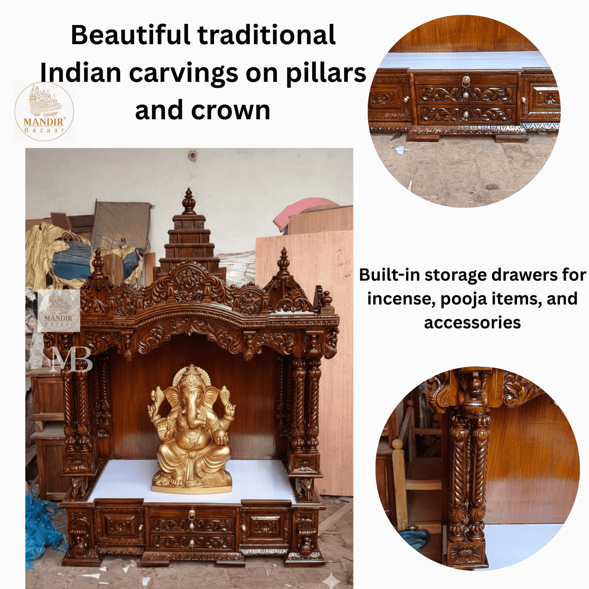 Hand carved wooden pooja mandir with traditional crown, Ganesha carving, ornate pillars, marble-look platform and storage drawers