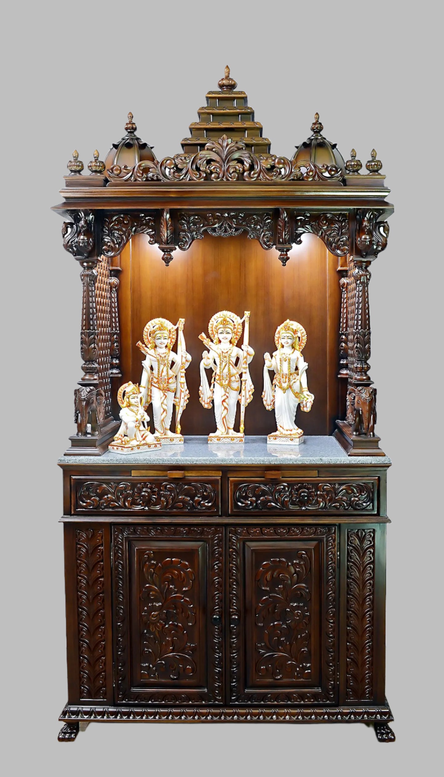 Large Designer Wooden Temple | Wooden Pooja Mandir | Temple With Doors & Drawers | Handmade | Made In India