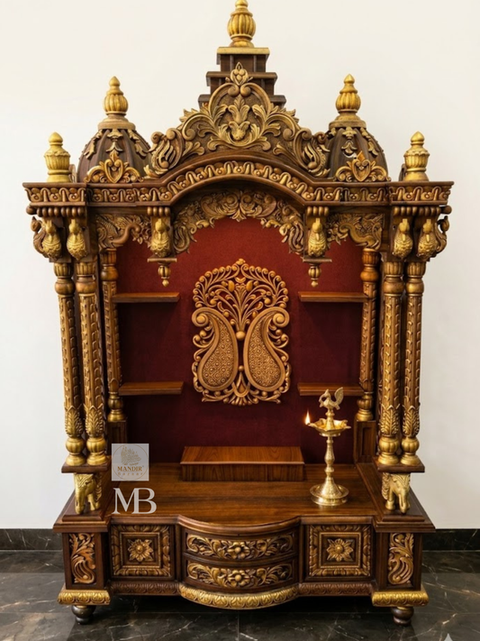 Hand Carved Wooden Pooja Mandir for Home with Peacock Design | Luxury Solid Wood Temple with Drawer & Side Shelves | Hindu Home Temple