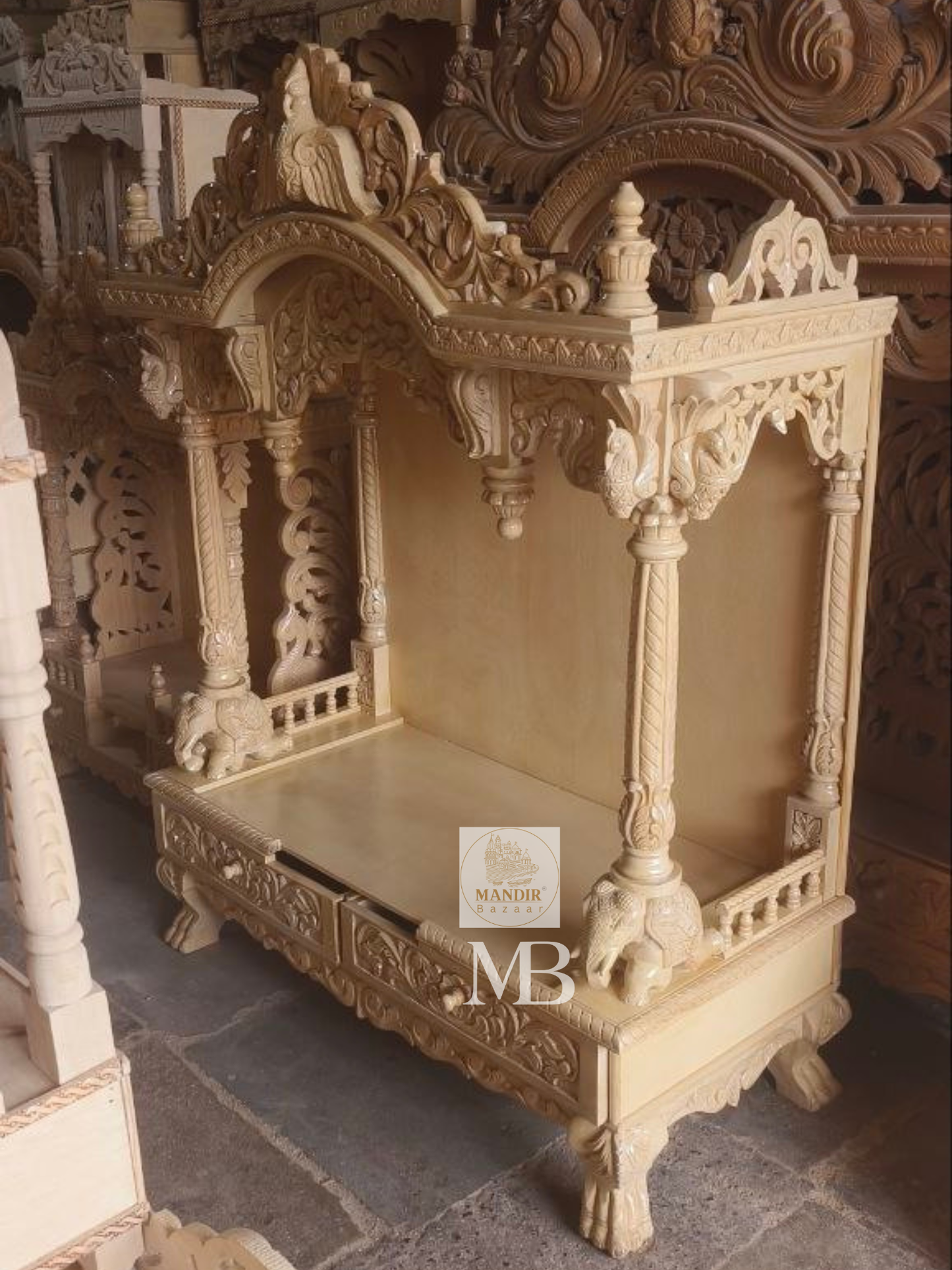 Luxury Handcrafted Wooden Pooja Mandir for Home | Solid Teak Wood Temple with Double Storage Drawers | Traditional Hand Carved Hindu Mandir