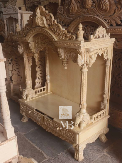 Luxury Handcrafted Wooden Pooja Mandir for Home | Solid Teak Wood Temple with Double Storage Drawers | Traditional Hand Carved Hindu Mandir