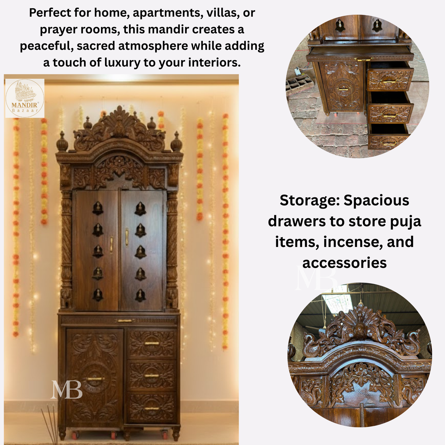 Luxury Handcrafted Wooden Pooja Mandir with Brass Bells & Storage | Solid Teak Wood Temple for Home | Traditional Hindu Temple Cabinet | Walnut Brown Finish