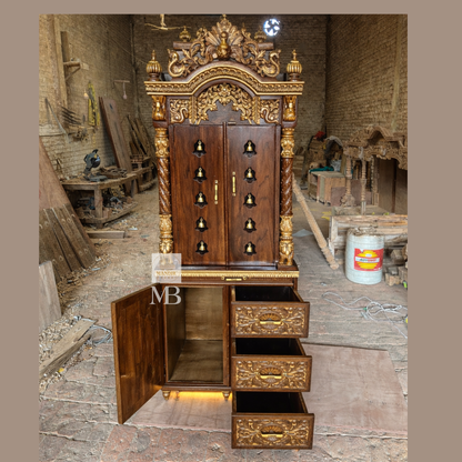 Luxury Wooden Pooja Mandir with Doors, Side Jaali & Storage Drawers | Handcrafted Solid Teak Wood Home Temple | Traditional Hindu Mandir