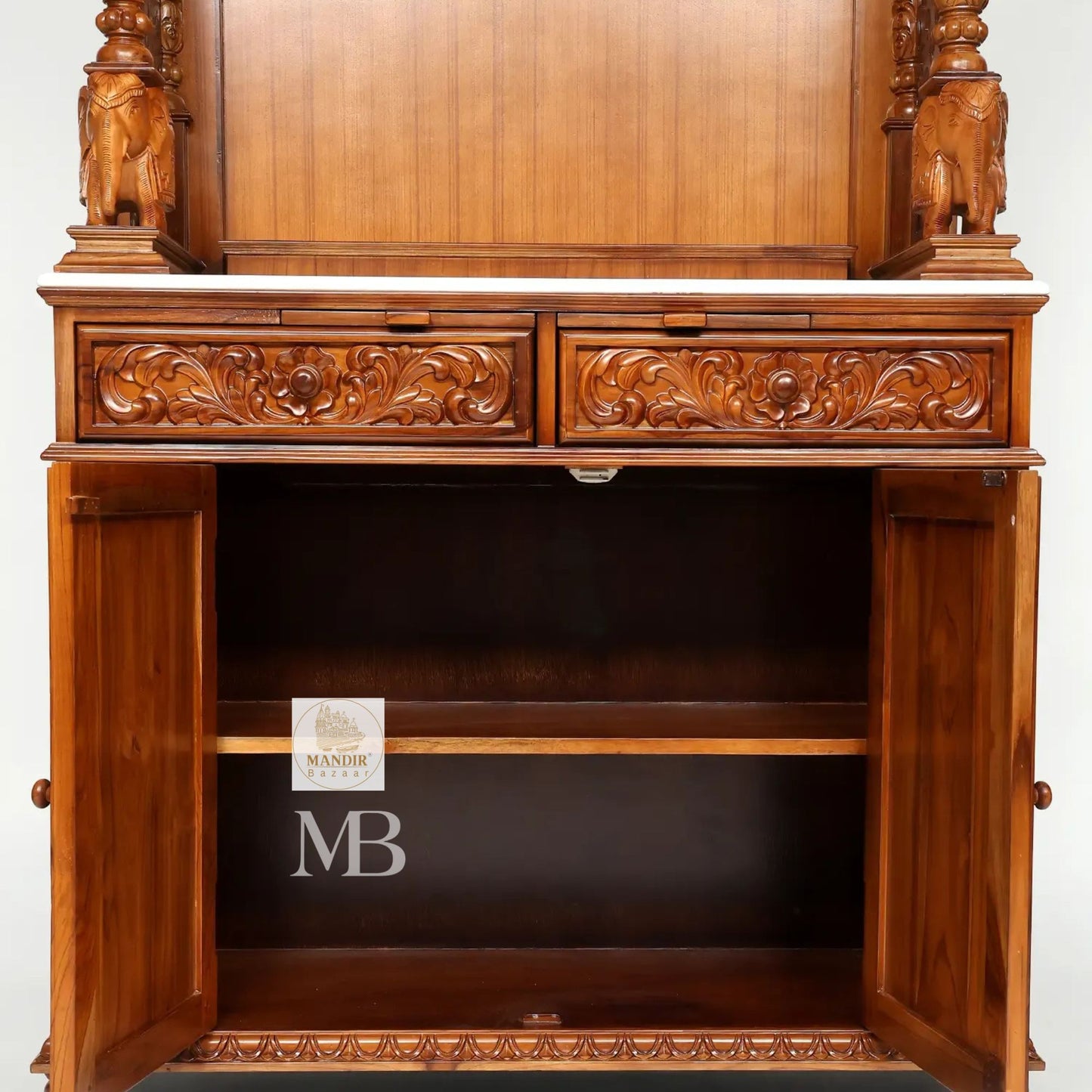 87 inch large designer wooden pooja mandir with carved pillars drawers and marble base