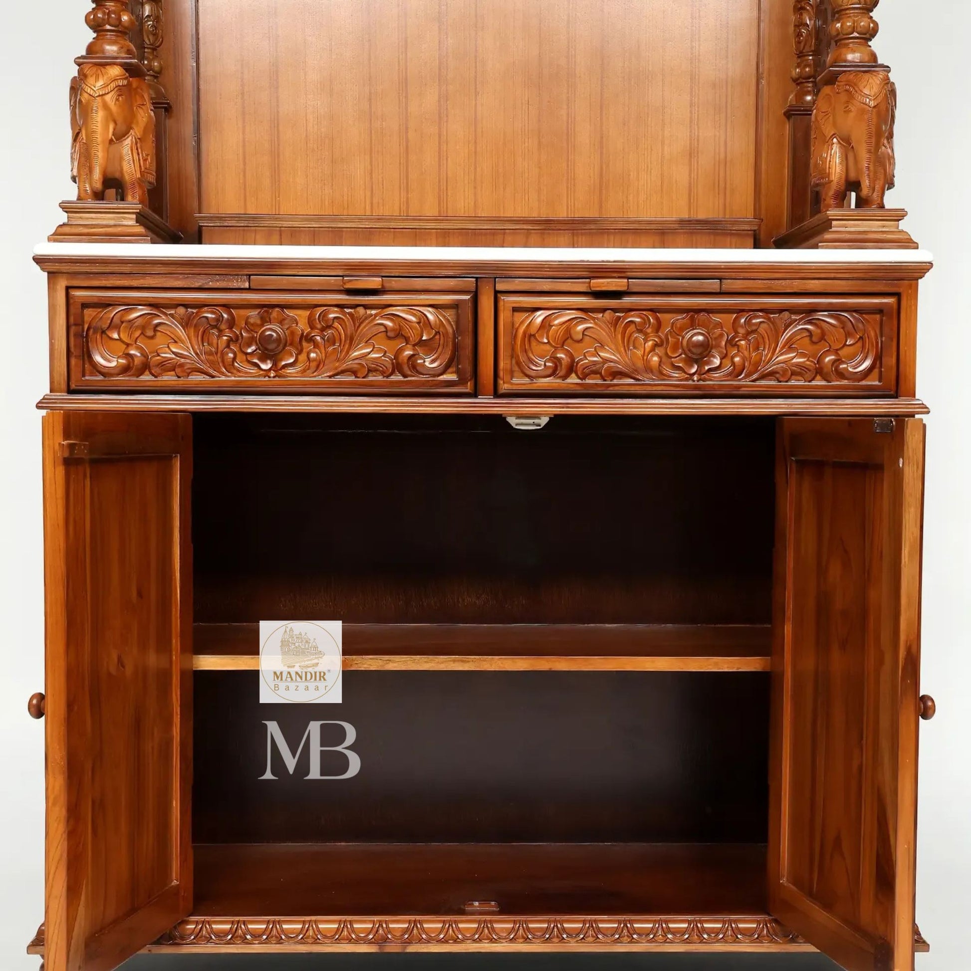 87 inch large designer wooden pooja mandir with carved pillars drawers and marble base