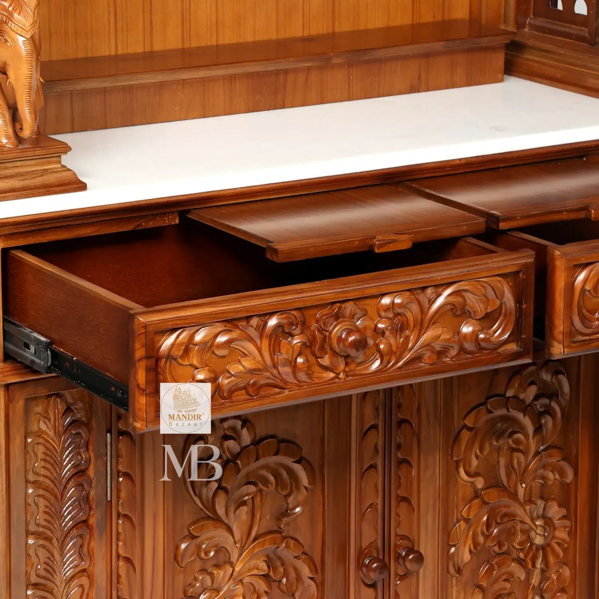 87 inch large designer wooden pooja mandir with carved pillars drawers and marble base