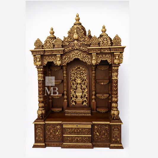 Luxury Hand Carved Wooden Pooja Mandir with Storage | Solid Teak Wood Home Temple | Traditional Hindu Prayer Cabinet