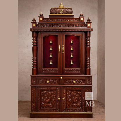 Luxury Wooden Pooja Mandir with Doors & Storage Cabinet | Solid Teak Wood Home Temple | Handcrafted Hindu Prayer Mandir