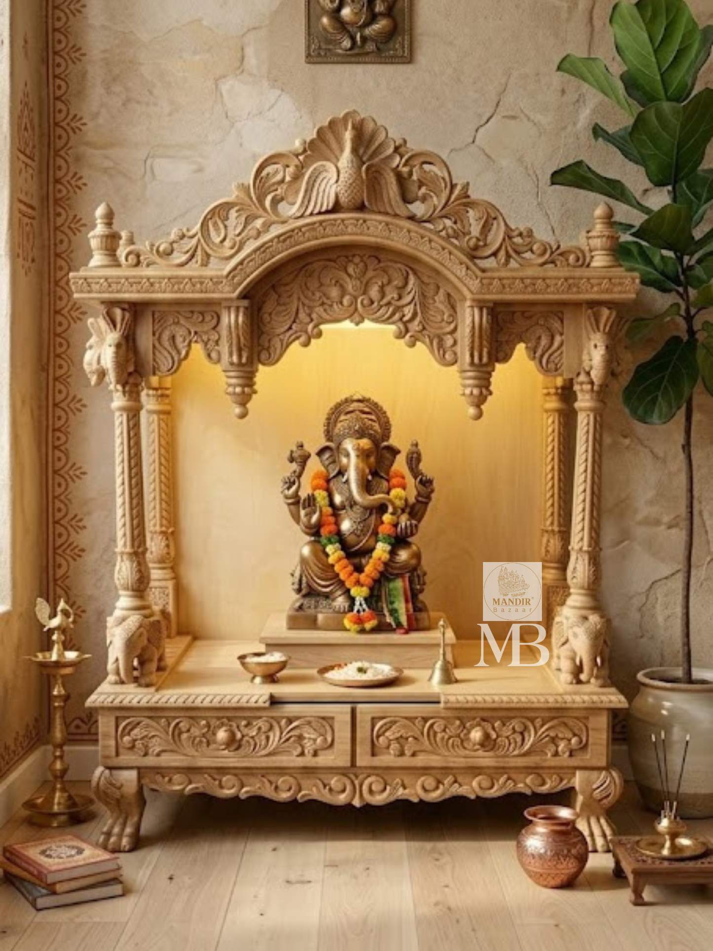 Luxury Handcrafted Wooden Pooja Mandir for Home | Solid Teak Wood Temple with Double Storage Drawers | Traditional Hand Carved Hindu Mandir