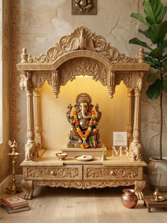 Luxury Handcrafted Wooden Pooja Mandir for Home | Solid Teak Wood Temple with Double Storage Drawers | Traditional Hand Carved Hindu Mandir