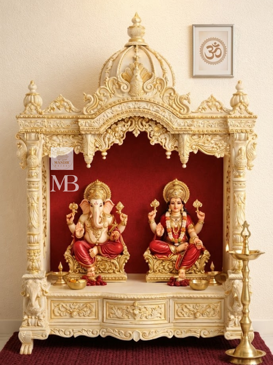Luxury White Wooden Pooja Mandir | Hand Carved Solid Teak Wood Home Temple | Premium Hindu Prayer Mandir with Storage