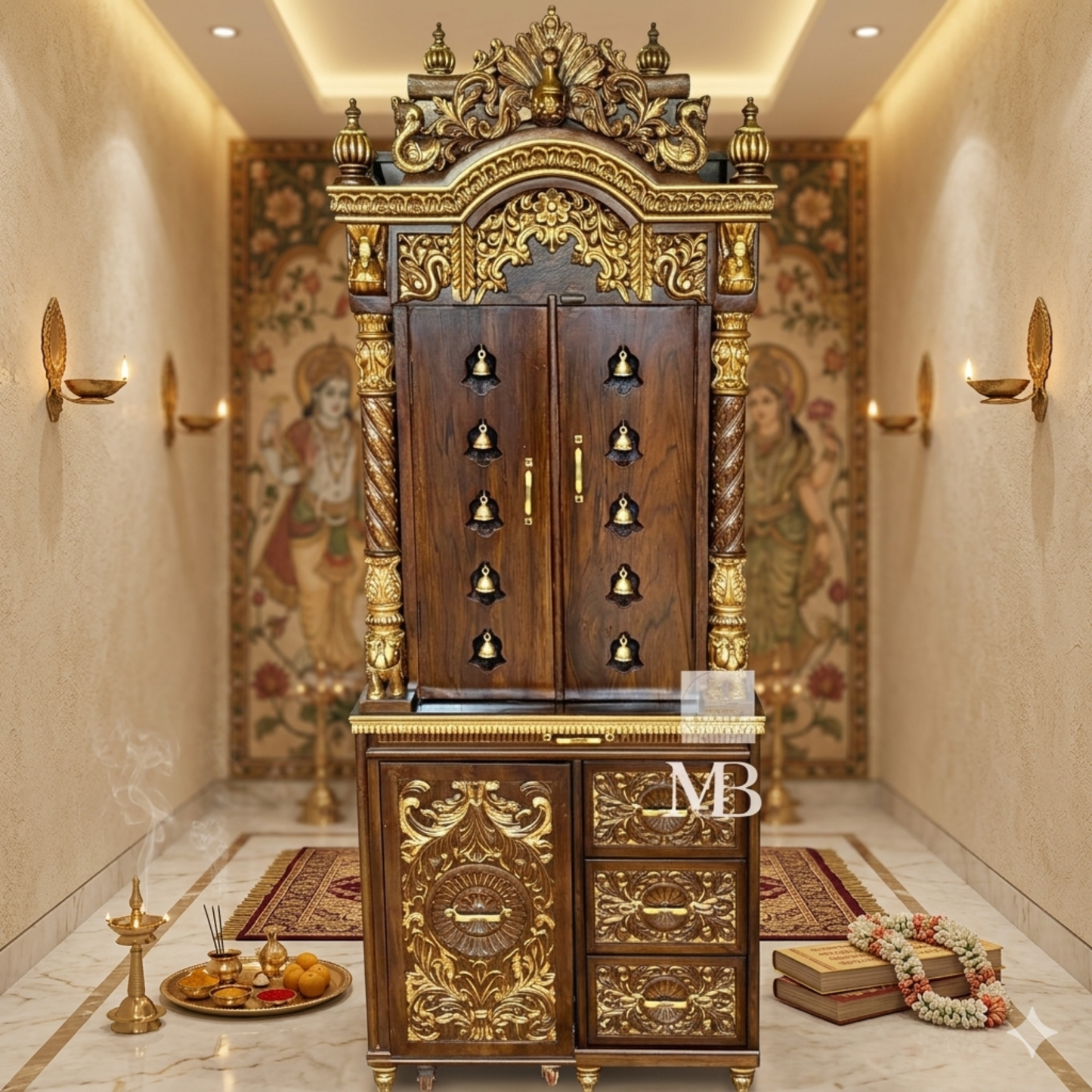 Luxury Wooden Pooja Mandir with Doors, Side Jaali & Storage Drawers | Handcrafted Solid Teak Wood Home Temple | Traditional Hindu Mandir