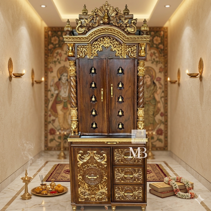 Luxury Wooden Pooja Mandir with Doors, Side Jaali & Storage Drawers | Handcrafted Solid Teak Wood Home Temple | Traditional Hindu Mandir