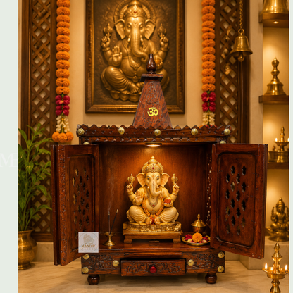 Small Wooden Pooja Mandir for Home – Handcrafted 36 Inch Hindu Temple with Doors, Drawer & Om Design