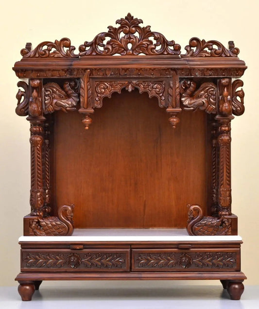 39" Large Wood Carved Swan Design Temple with Double Drawers