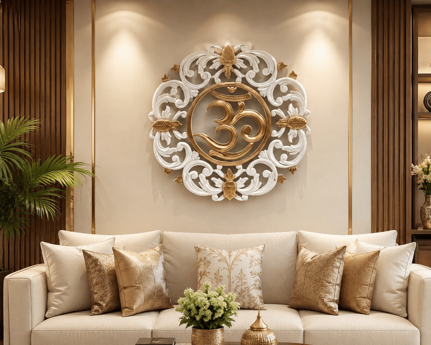 White and gold Om wall decor for home temple
